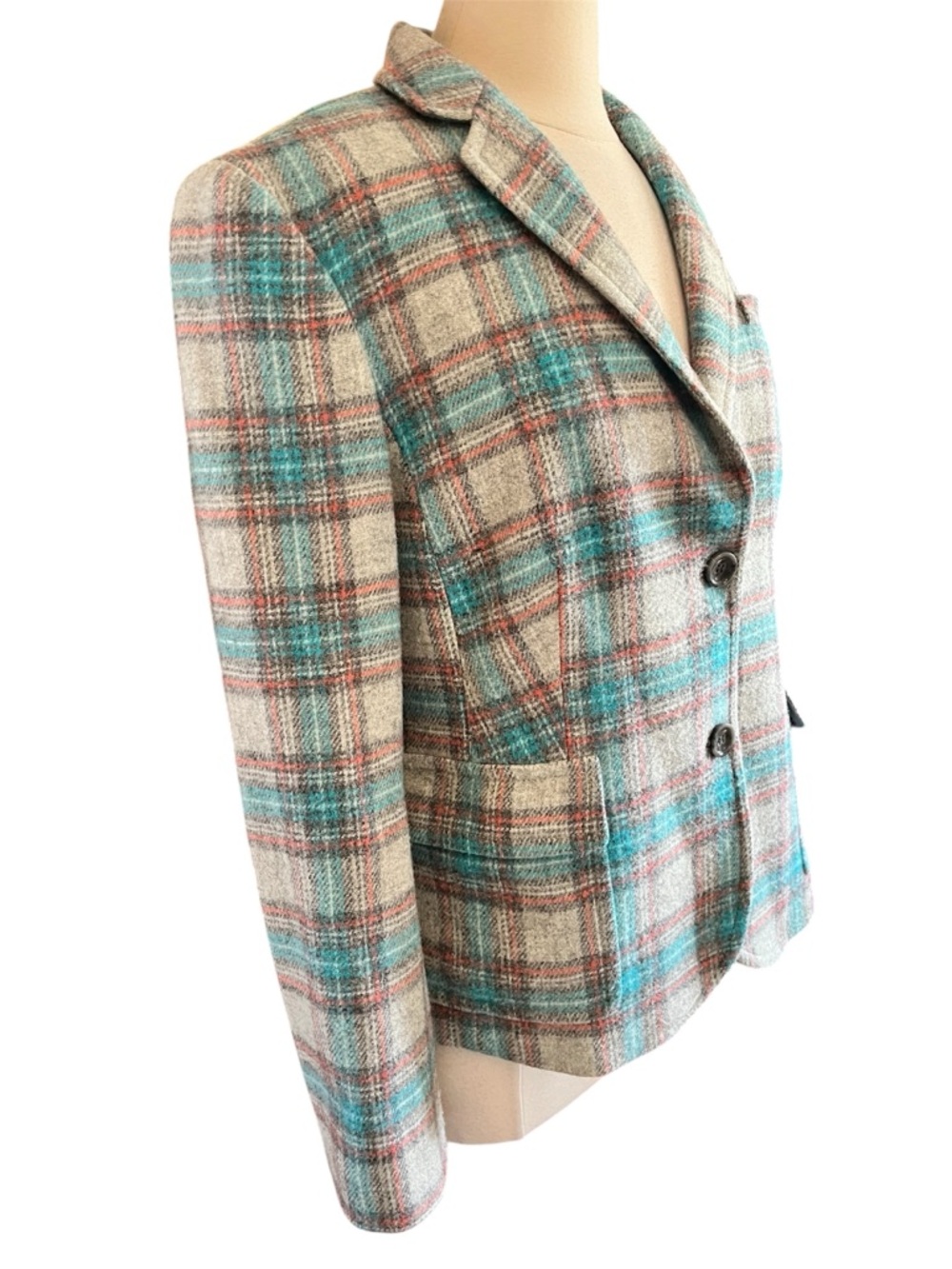 Talbots Plaid Teal,Grey,Rust & Cream Wool blend Blazer w/front pockets Size 14 - Picture 3 of 11